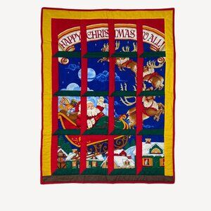 Handmade Happy Christmas To All Santa Attic Windows Holiday Wall Quilt 28" X 37"